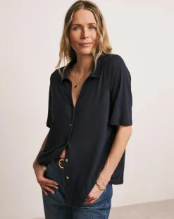 Anthology Collared Short Sleeve Button Front Linen Top