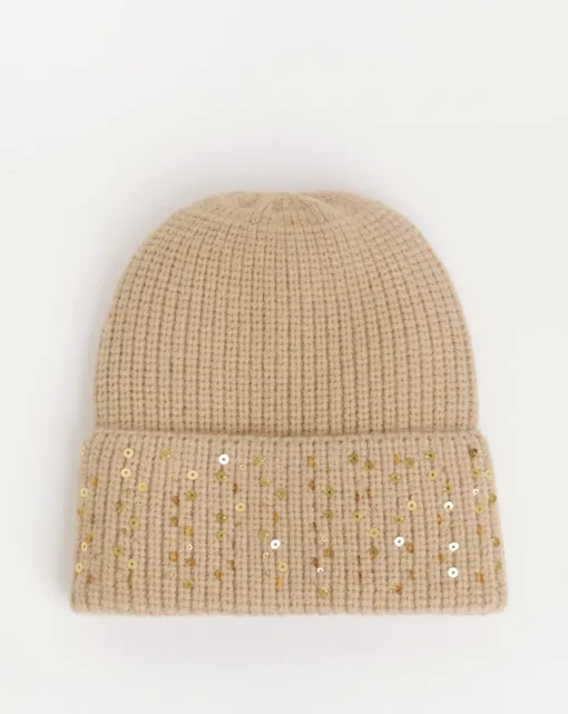 Beige Sequin Detail Beanie