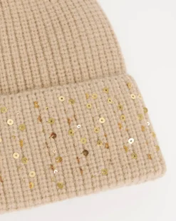 Beige Sequin Detail Beanie