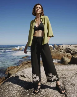 Black Cotton Cornelly Embroidered Wide Leg Trousers