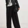 Black Herringbone Wide Leg Pull On Trouser