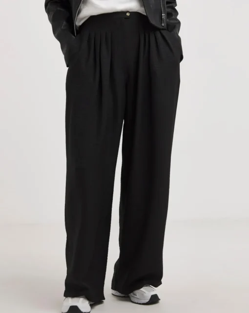 Black Herringbone Wide Leg Pull On Trouser