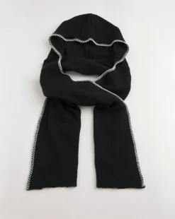 Black Hooded Contrast Stitch Scarf