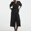 Black Linen Mix Cropped Wide Leg Culottes