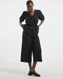 Black Linen Mix Cropped Wide Leg Culottes