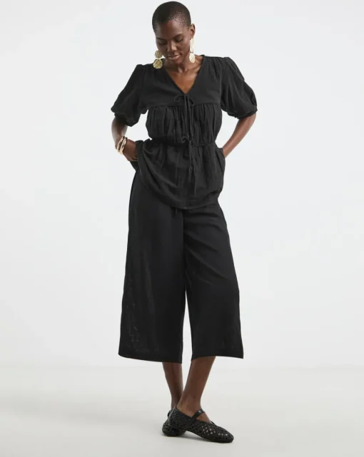 Black Linen Mix Cropped Wide Leg Culottes