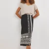 Black Print Pull On Column Midi Skirt