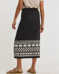 Black Print Pull On Column Midi Skirt