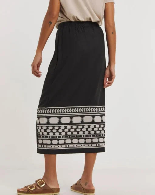 Black Print Pull On Column Midi Skirt