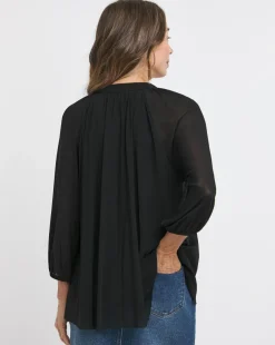 Black V Neck Mesh Blouse