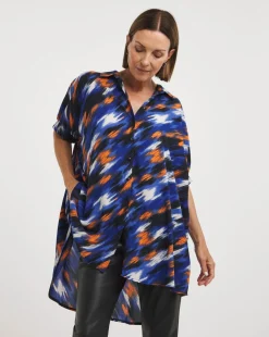Blue Abstract Short Sleeve Oversized Blouse