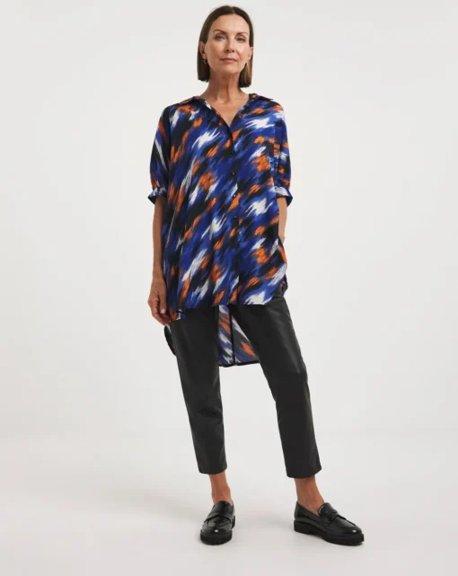 Blue Abstract Short Sleeve Oversized Blouse