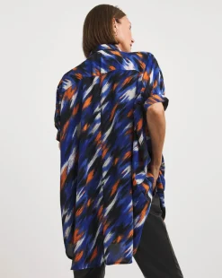 Blue Abstract Short Sleeve Oversized Blouse