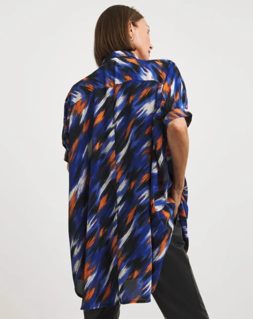 Blue Abstract Short Sleeve Oversized Blouse