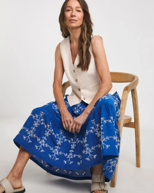 Blue Broderie Tiered Pull On Maxi Skirt