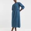 Blue Peplum Puff Sleeve Denim Dress