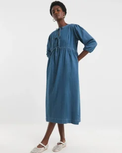 Blue Peplum Puff Sleeve Denim Dress