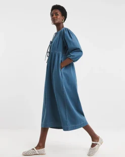 Blue Peplum Puff Sleeve Denim Dress