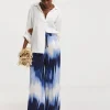 Blue Tie Dye Crinkle Shirred Waist Wide Leg Trousers