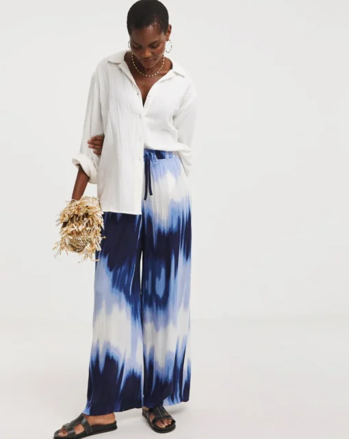 Blue Tie Dye Crinkle Shirred Waist Wide Leg Trousers