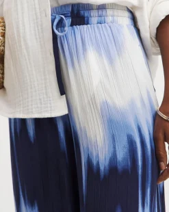 Blue Tie Dye Crinkle Shirred Waist Wide Leg Trousers