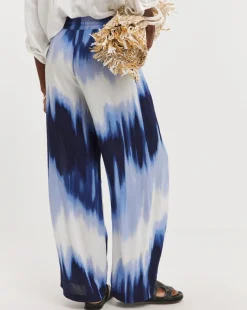 Blue Tie Dye Crinkle Shirred Waist Wide Leg Trousers