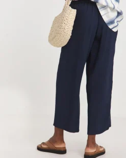 Blue Twill Soft Pull On Wide Leg Trousers