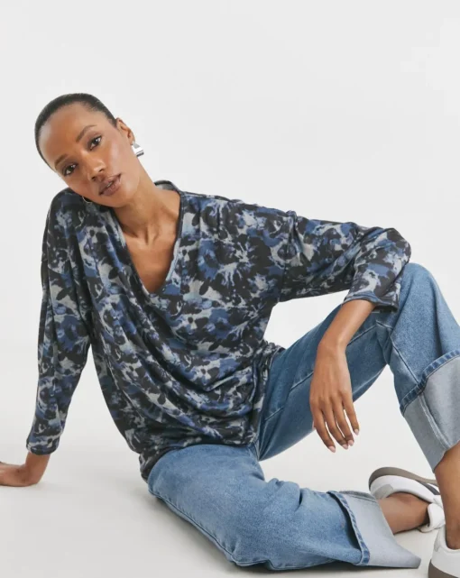 Blurred Floral Soft Touch V Neck Longline Top