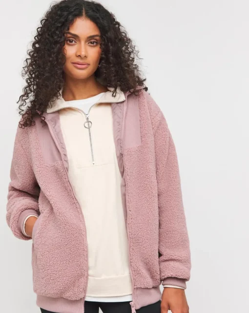 Blush Borg Rib Collar Zip Up Jacket