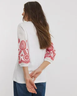 Broderie 3/4 Length Sleeve Crew Neck Top