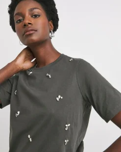 Charcoal Crew Neck Scatter Embellished T-shirt