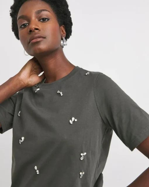 Charcoal Crew Neck Scatter Embellished T-shirt