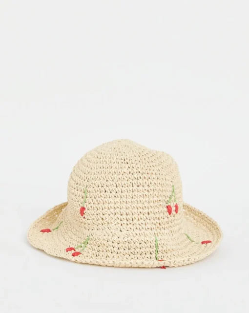 Cherry Embroidered Raffia Hat