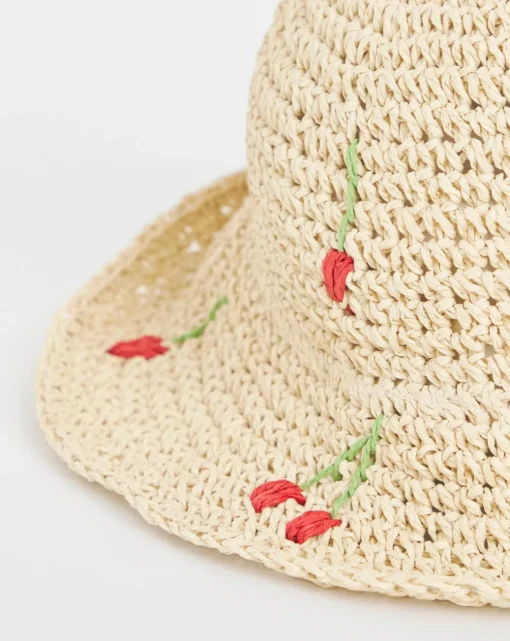 Cherry Embroidered Raffia Hat