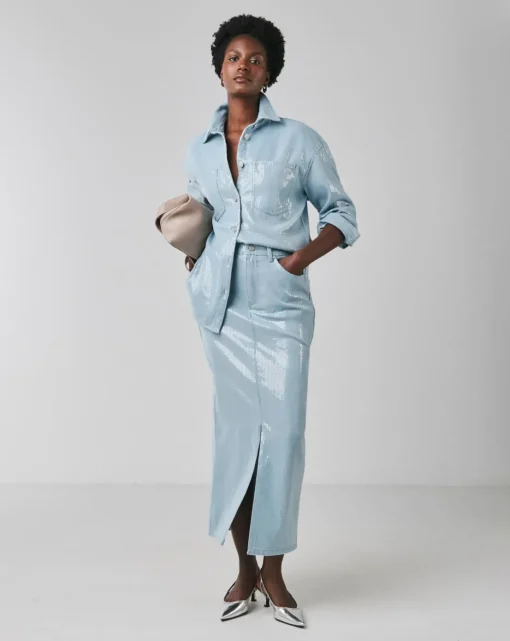 Clear Sequin Denim Midi Skirt