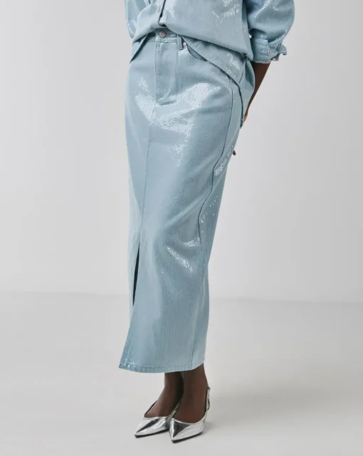 Clear Sequin Denim Midi Skirt