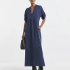 Collarless Placket Detail Smock Dress