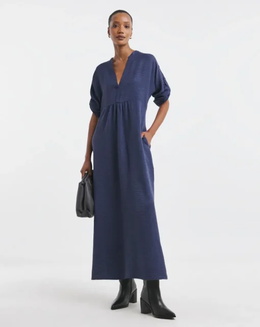 Collarless Placket Detail Smock Dress