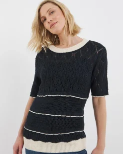 Contrast Trim Crochet Short Sleeve Jumper