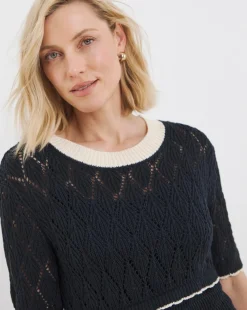 Contrast Trim Crochet Short Sleeve Jumper