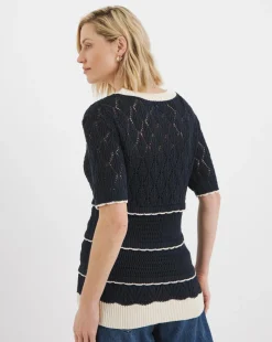 Contrast Trim Crochet Short Sleeve Jumper
