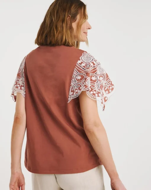 Crew Neck Broderie Angel Sleeve Top