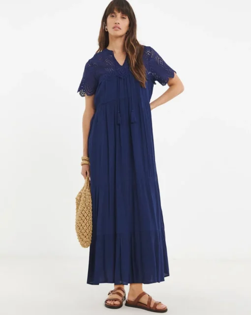Crinkle Broderie Trim Smock Dress