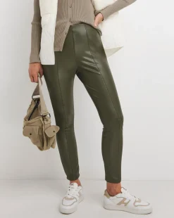 Dark Olive PU Leather Look Legging with Stretch