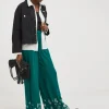 Green Embroidered Crinkle Wide Leg Trousers