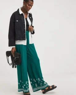 Green Embroidered Crinkle Wide Leg Trousers