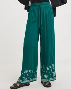 Green Embroidered Crinkle Wide Leg Trousers