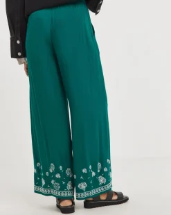 Green Embroidered Crinkle Wide Leg Trousers