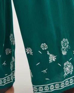 Green Embroidered Crinkle Wide Leg Trousers