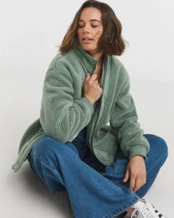 Green Funnel Neck Lined Longline Borg Jacket